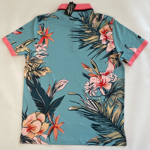 NEW Sunday Swagger Men’s Pink Blue Floral Palm Tree Performance Stretch Polo M - Picture 3 of 7